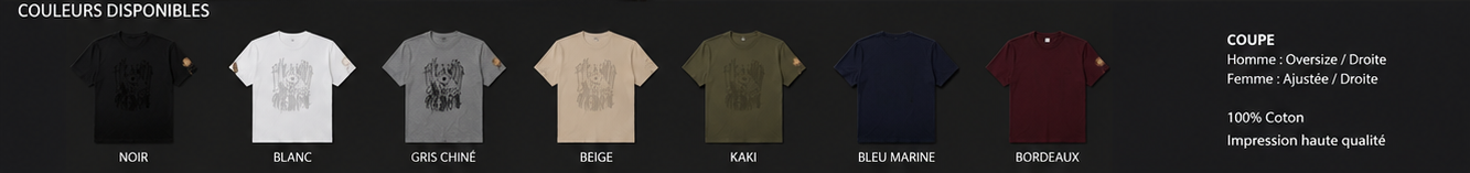 Couleurs de t-shirts envisagées : noir, blanc, gris chiné, beige, kaki, bleu marine et bordeaux