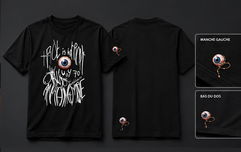 T-shirt noir homme, face, dos et détails